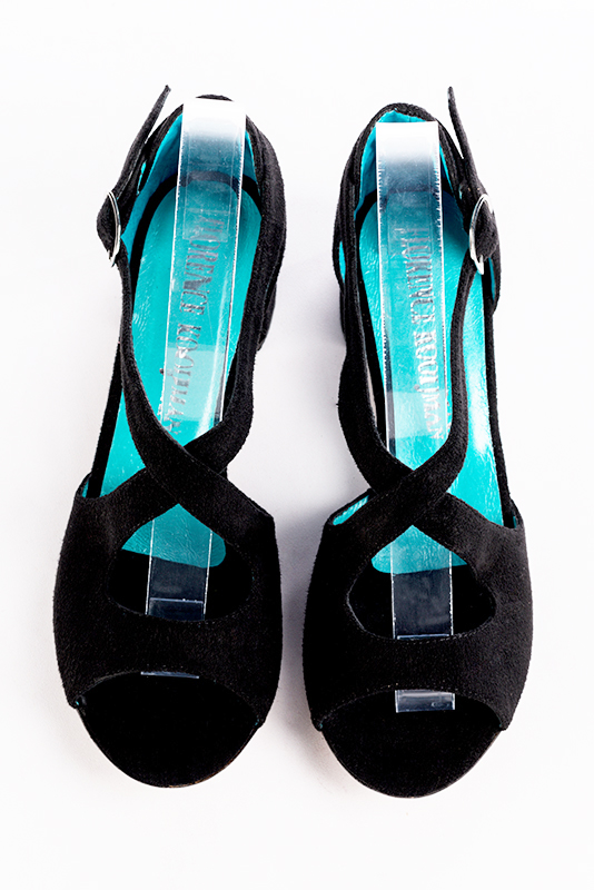 Matt black women's closed back sandals, with crossed straps. Round toe. Low flare heels. Top view - Florence KOOIJMAN